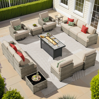12-person  Outdoor Sectional With Cushions,swivel Rockers,led Coffee Table And Fire Pit,all-weather Wicker Patio Set
