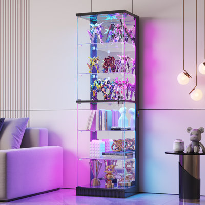 Vitrine vitrée de 170 cm de haut avec éclairage à détecteur RVB, armoire de rangement verrouillable à 6 niveaux