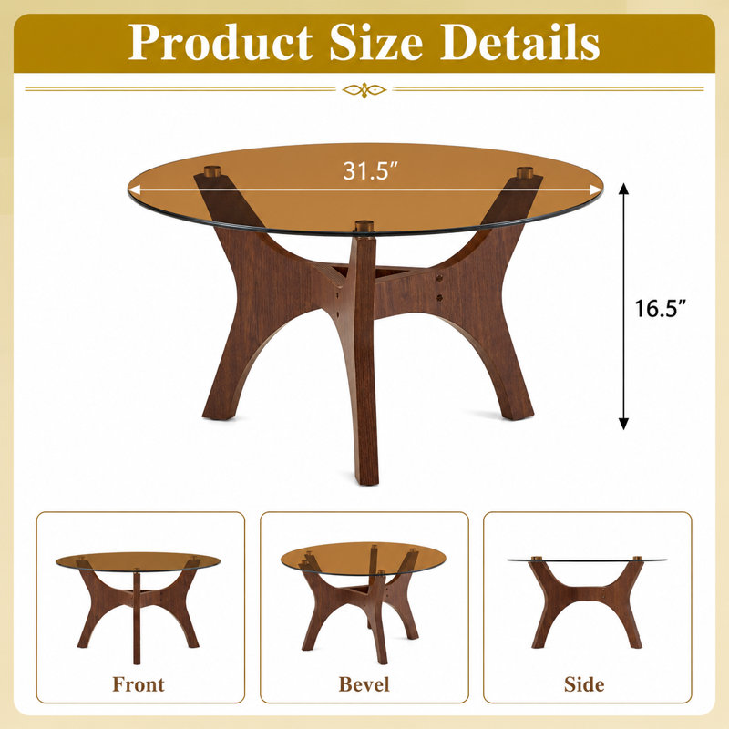 Table basse de style Mid-Century moderne en verre, table d'appoint minimaliste avec plateau en verre trempé et support incurvé robuste