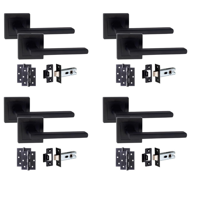  4 Sets Leon Design Straight Door Handles on Square Rose in Matt Black Finish with 1 Pair of 3" Ball Bearing Hinges and Tubular Latch