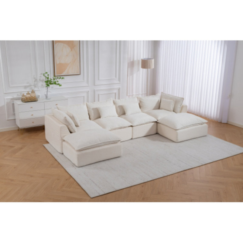Canapé modulaire surdimensionné avec 2 repose-pieds 129,8 po Cloud Couch, Mélange de coton blanc