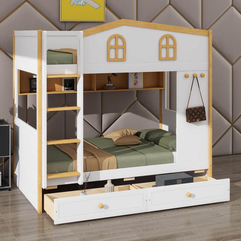 Lit superposé de style maisonnette avec tiroirs, lit superposé en bois avec supports de rangement intégrés et échelle pour jouer