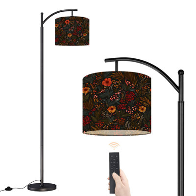 Lampe sur pied à arc avec abat-jour réglable Floral foncé, rose, rose, orange, fleurs, vert, debout, lampe sur pied, 3 températures de couleur, intensité variable, grand mât avec interrupteur au pied pour la chambre à coucher