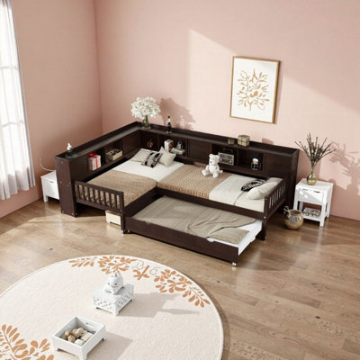Solid Wood L-Shaped Twin Platform Bed With Trundle And Storage Twin Size