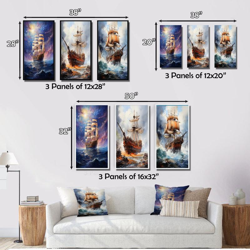 «Pirate Oceans Embrace», 3 pièces sur toile, H 28 po x l 36 po, Cadre flottant doré
