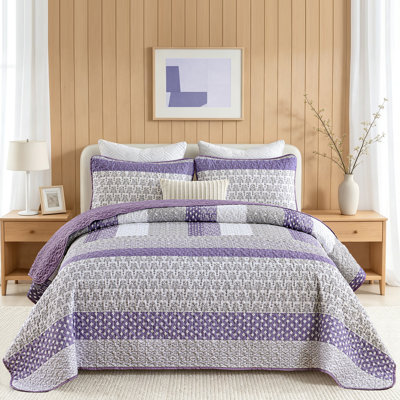 Ensemble de courtepointe 3 pièces à rayures bohémiennes en microfibre légère toutes saisons
