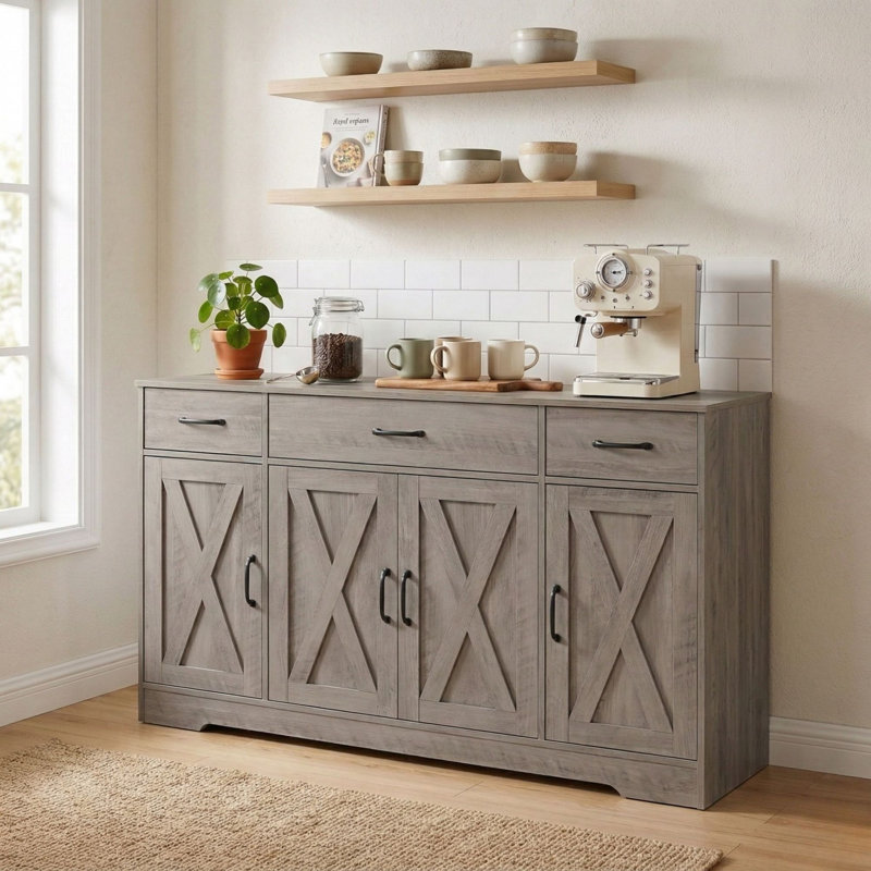 Buffet 55 po avec 3 tiroirs et tablettes réglables, armoire de rangement grise pour café, gris, Gris
