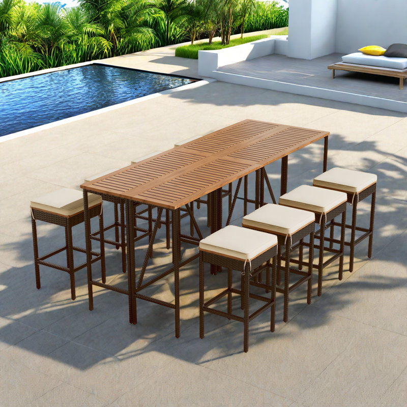 10-Piece Outdoor Dining Table Sets Included 2 Foldable Tables And Eight Stools With Cushions