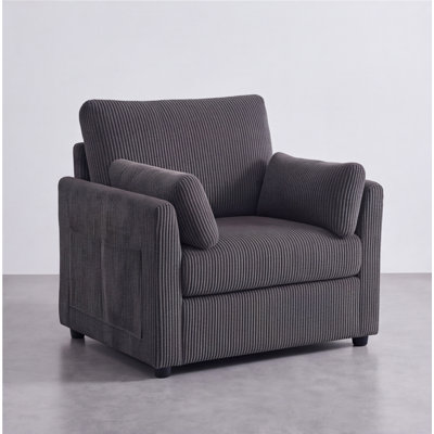 Chaise d'appoint 37,75 po en velours côtelé gris avec poches de rangement latérales et 2 coussins, fauteuil rembourré moderne pour le salon, la chambre à coucher
