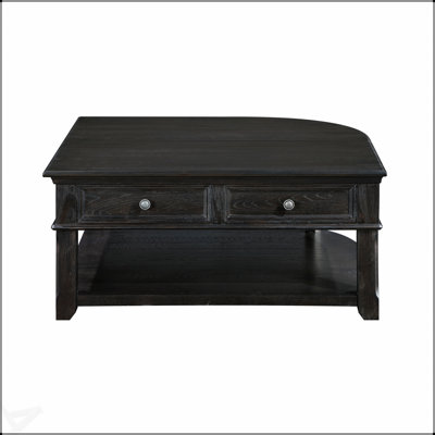 Table basse de salon en bois durable avec plateau relevable, tiroir de rangement et tablettes ouvertes au fini gris anthracite