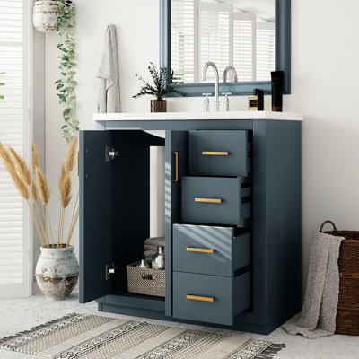 Meuble-lavabo de 30 po avec lavabo en céramique, structure en bois massif, rangement spacieux, style rétro, charnières à charnières, 3 tiroirs, couleur bleue