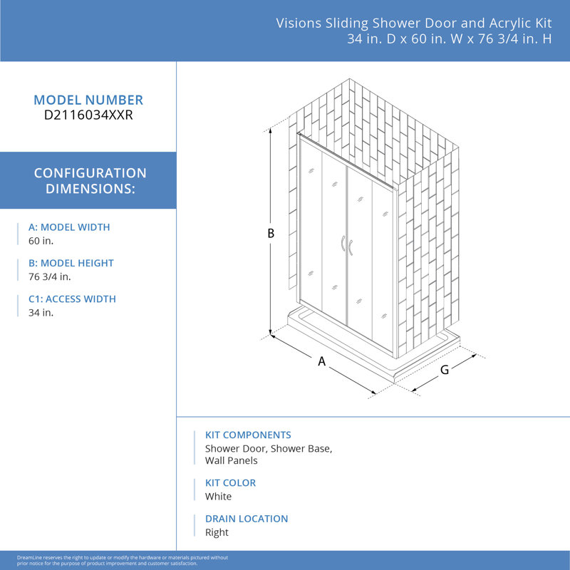 SlimLine 60" x 34" White Acrylic Single Threshold Shower Base