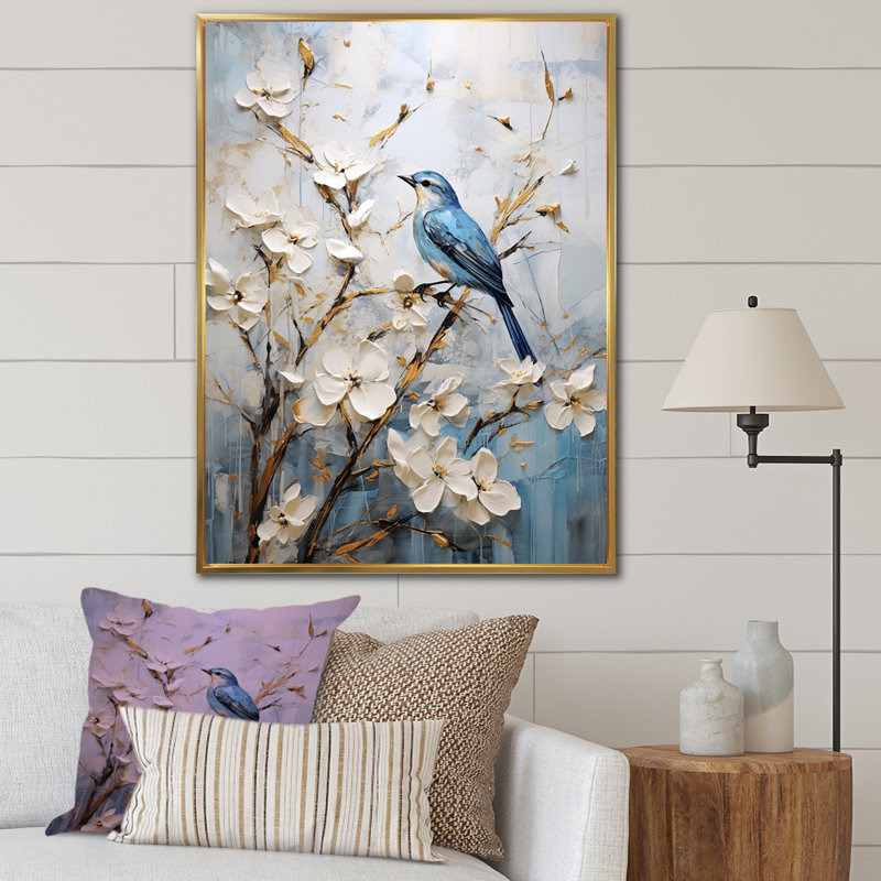 Art mural minimaliste, fleurs et oiseaux du printemps, 32" H x 24" W, Cadre flottant doré