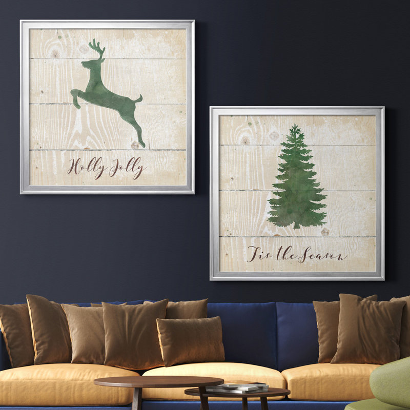Holly Jolly Reindeer - ensemble de 2 reproductions d'art encadrées, H 22,5 po x l 45 po x P 1,5 po, Toile encadrée argentée
