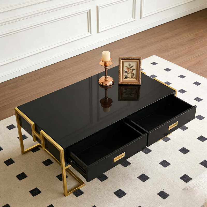 Table basse moderne blanche à 4 tiroirs, Noir + or