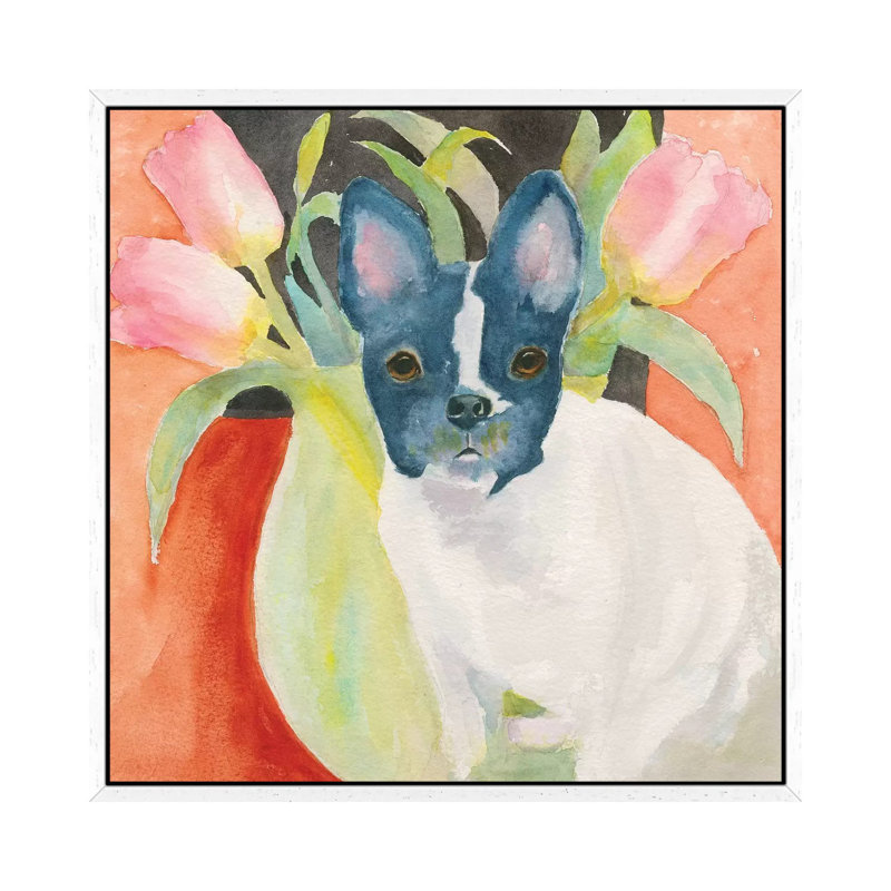 Tulip Frenchie by Connie Collum - Painting on Canvas, White Framed, 66.04cm H x 66.04cm W x 3.81cm D