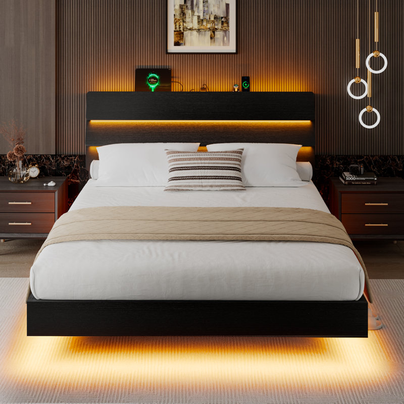  Full Size Floating Bed Frame With Led And Charging Station,metal Platform Bed Frame With Storage Headboard,no Box Spring Needed,noise-free,easy To Assemble,black