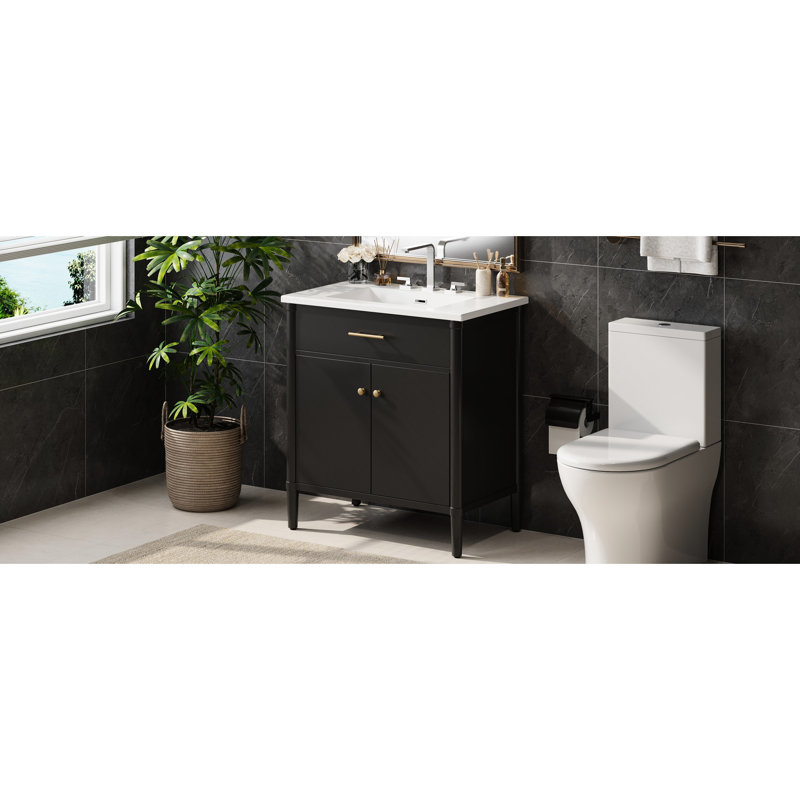 Meuble-lavabo de 31 po en noir, profil incurvé pour une utilisation élégante et élégante, charnières à fermeture en douceur, faux tiroir, lavabo en céramique, cadre à pieds noir de 31 po avec salle de bain fonctionnelle, portes