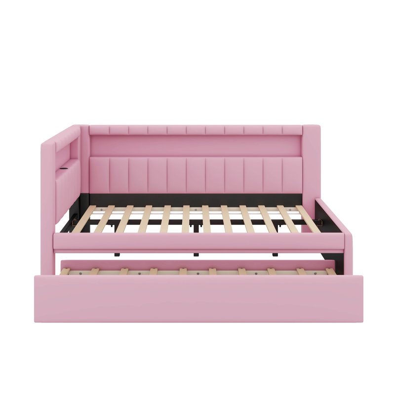 Upholstered Full Size Platform Bed With USB Ports And Trundle, Pink