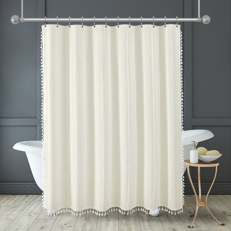  Rideau de douche 71 x 71 en lin tissé avec pampilles - comprend 12 œillets et crochets - 100% polyester, Ivoire ivoire