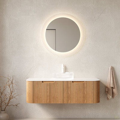 Meuble-lavabo à montage mural avec bords arrondis flottants avec 2 tiroirs, lavabo et comptoir en verre transparent pré-assemblé
