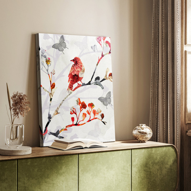 Oiseau et fleurs de cerisier I - Cavas enveloppés de galerie, H 27 po x l 18 po