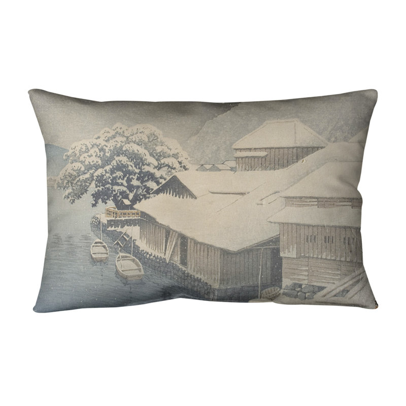 Coussin en coton Evening Snow at Ishinomaki, Bleu