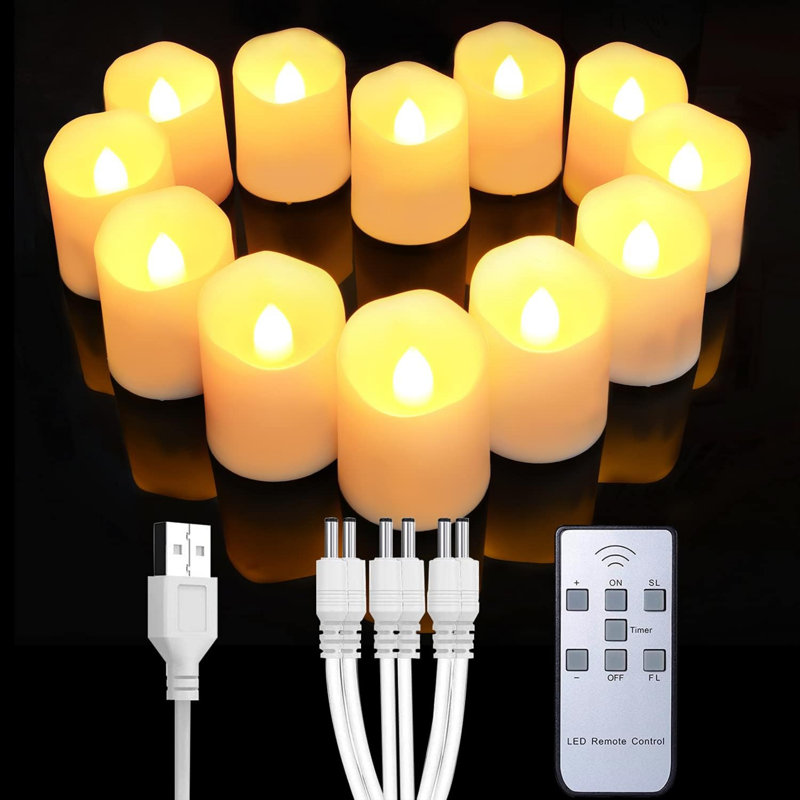 12 Pack Rechargeable Flameless Votive Candles with Remote, Battery Tea Lights with Timer, Christmas Halloween Party Decora