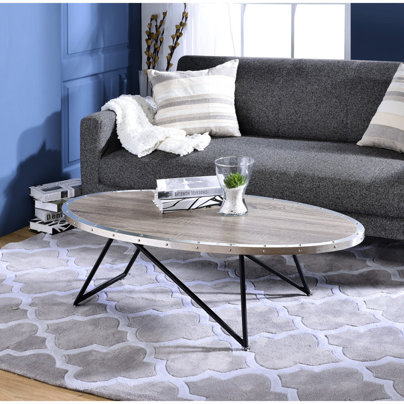 Table basse noire et chêne avec bordure en métal, hauteur de 15 po, capacité de poids de 70 lb, base ovale gris vieilli, produit de 20 lb