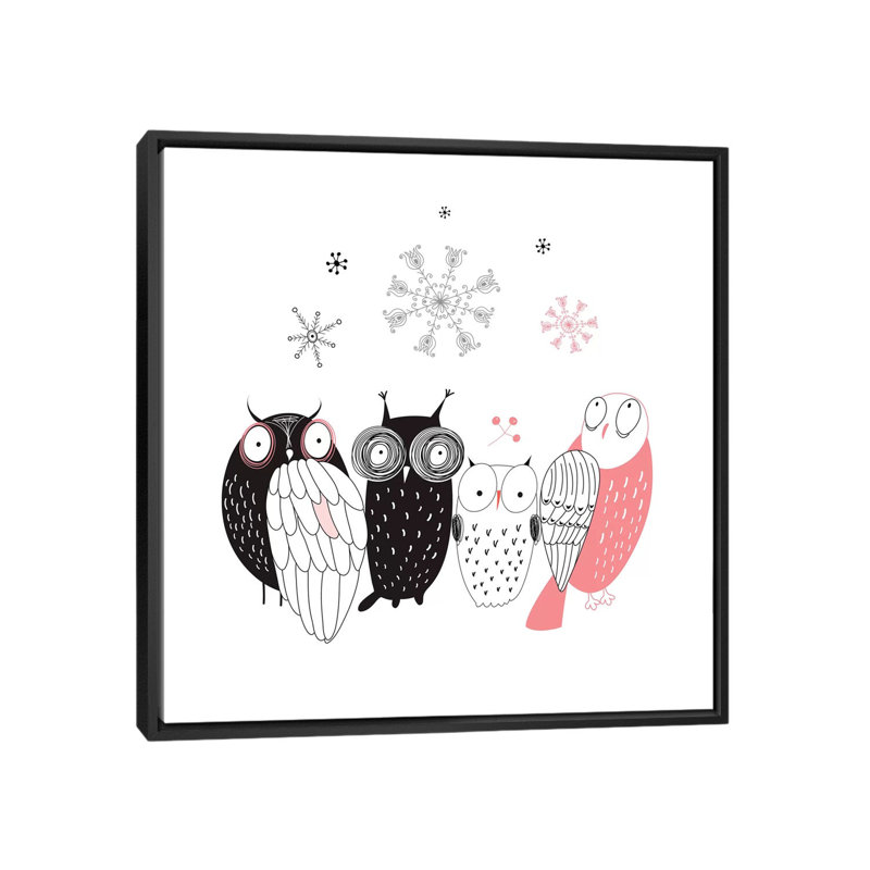 « hibou line-up », impression sur toile, H 18 po x l 18 po x P 1,5 po, Toile encadrée noire