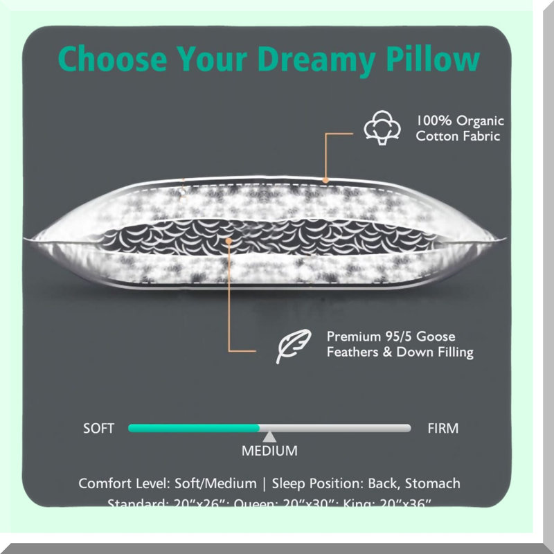 Luxury Down Comfort Pillow - Premium Cotton Insert for Stomach/Back Sleepers - Hotel Quality Soft Bed Pillow - Single Pack Standard Size