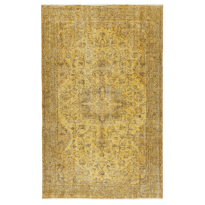 5x8 Ft Vintage Handmade Medallion Design Rug Overdyed in Yellow for Modern Interiors