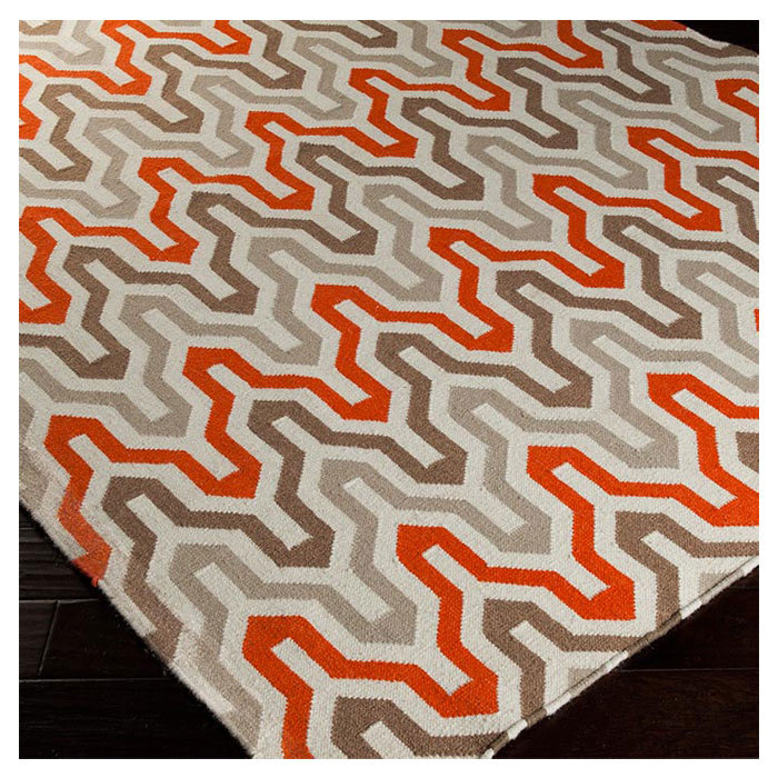 Tapis orange / taupe en laine tissé à la main à motif géométrique Isaacs, Tapis de couloir 2 pi 6 po x 8 pi