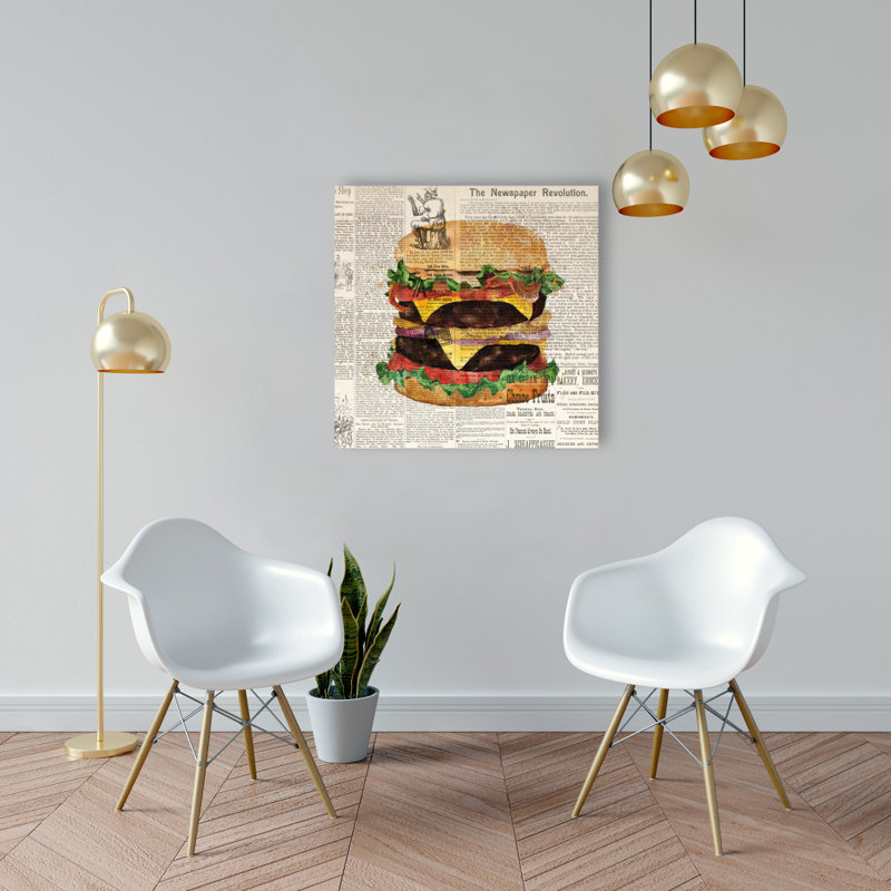 Toile rétro double Cheeseburger | Décoration de cuisine brune