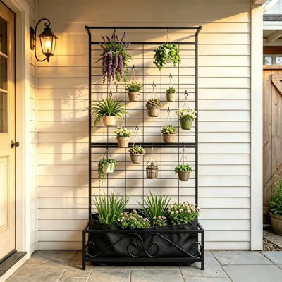 Zhongma "74" Tall Black Metal Grid Hall Tree and Plant Stand, Rust-Resistant Indoor/Outdoor Entryway Organizer with Hanging Bar, Display Grid Panel and Shoe Shelf