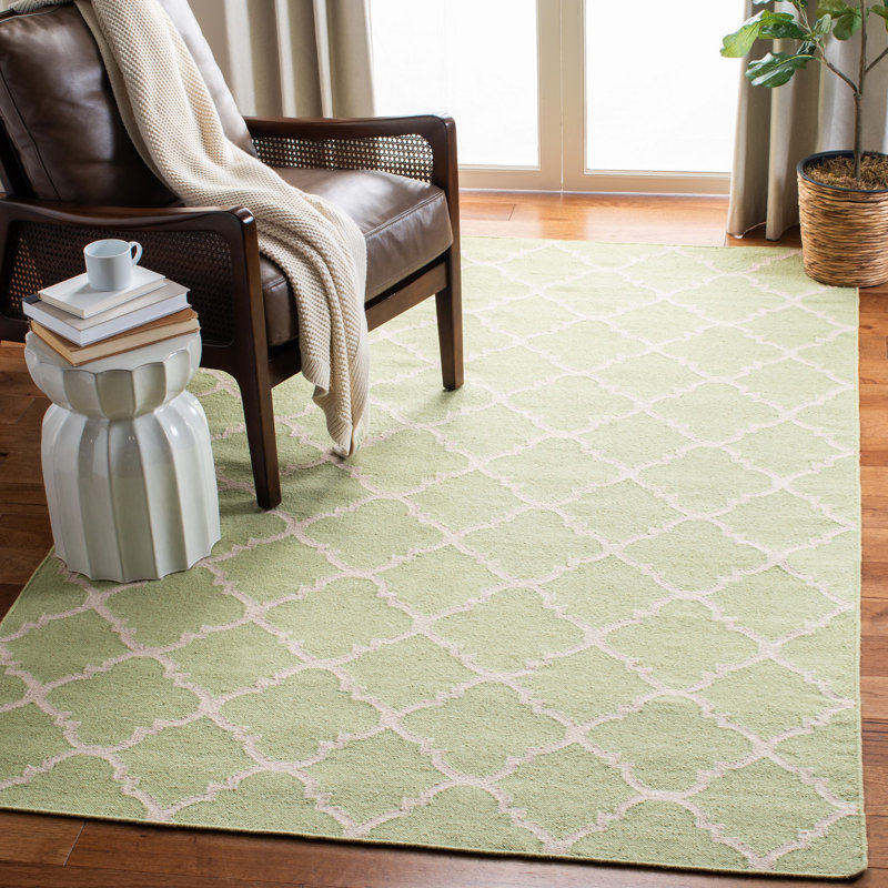 Tapis ivoire / vert clair en laine et coton tissé à la main Estevez, Rectangle 5 pi x 8 pi