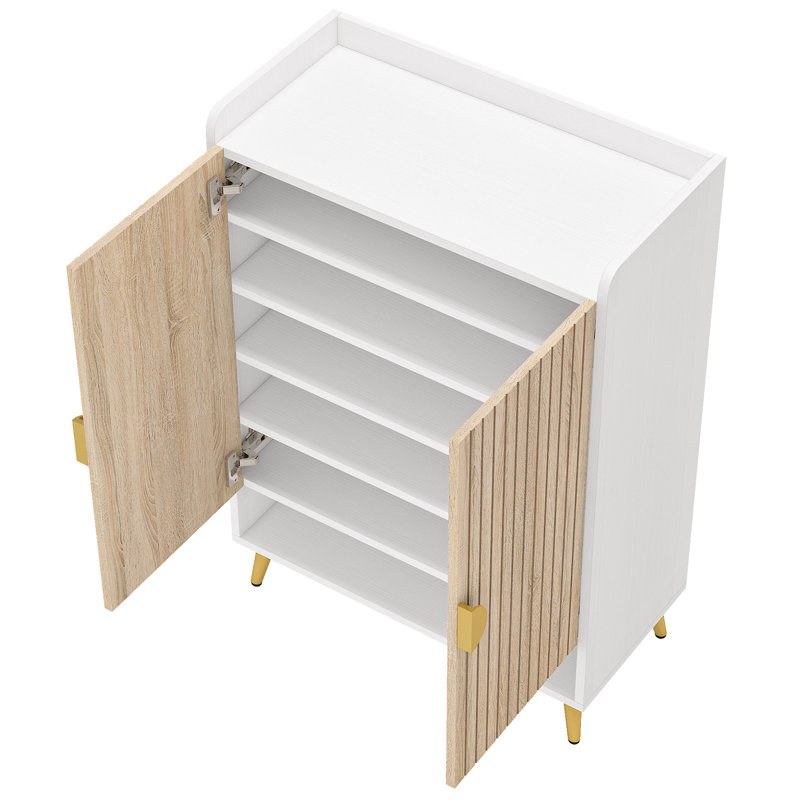 Armoire à chaussures 29,6 po en bois naturel et blanc avec portes, range-chaussures à 7 niveaux, armoire, Blanc / Naturel
