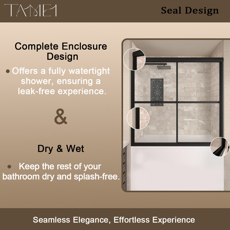 59" W x 56" H Double Sliding Semi-Frameless Tub Door, Matte Black