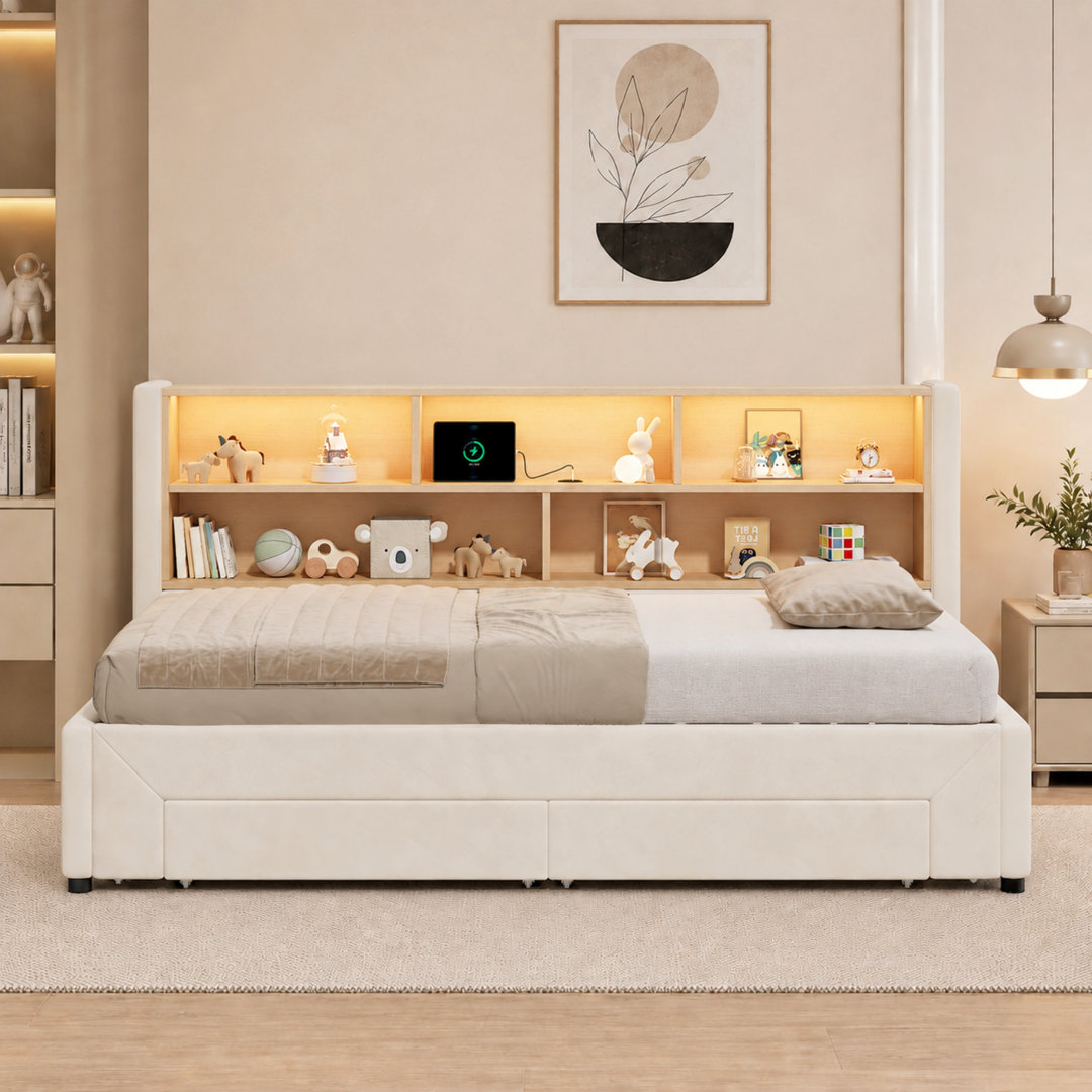 3ft extendable daybed with pull out trundle, led light, USB PORT and 2 drawers velvet beige
