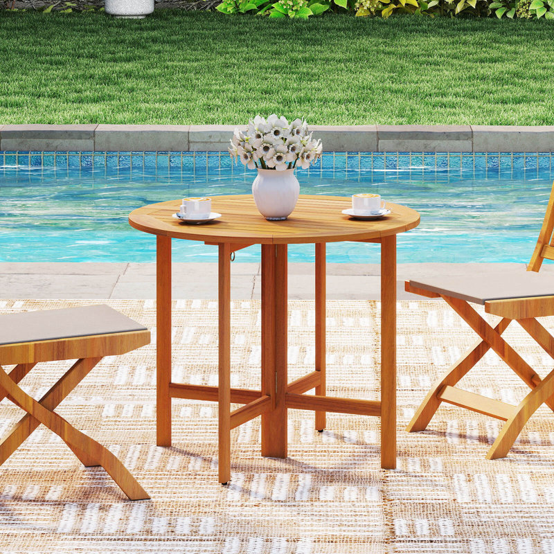 36" Outdoor Acacia Folding Round Dining Table with  Slatted Tabletop for Backyard, 1