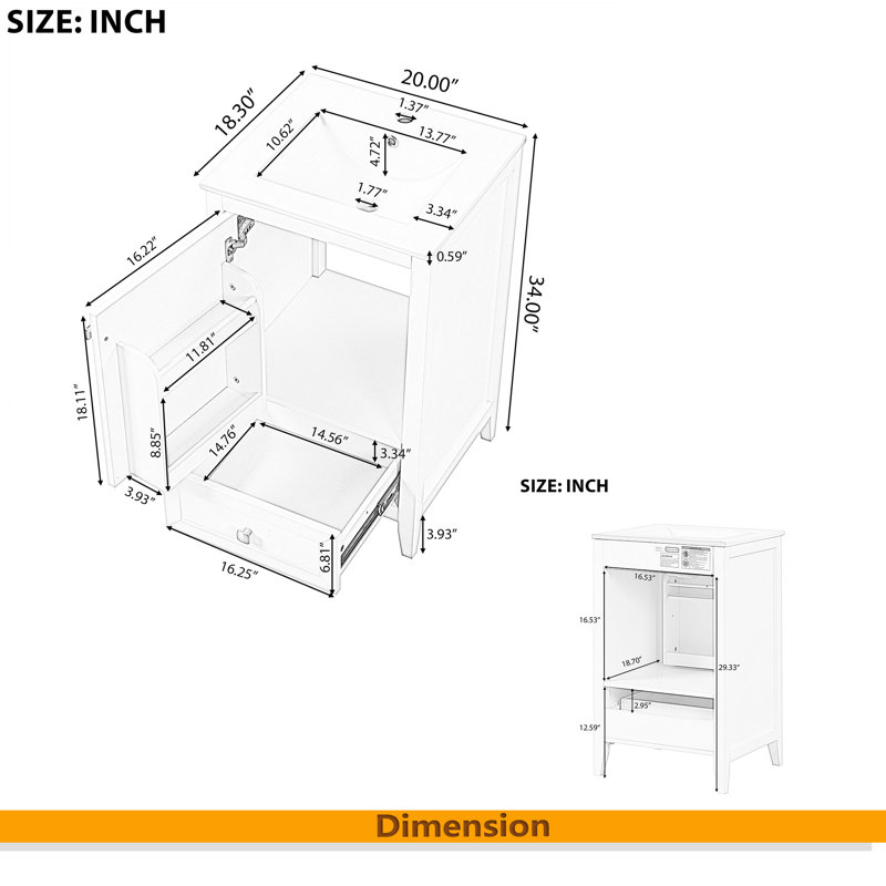 Meuble-lavabo de 20 po avec lavabo, armoire de salle de bain avec porte à fermeture douce, support de rangement et tiroir