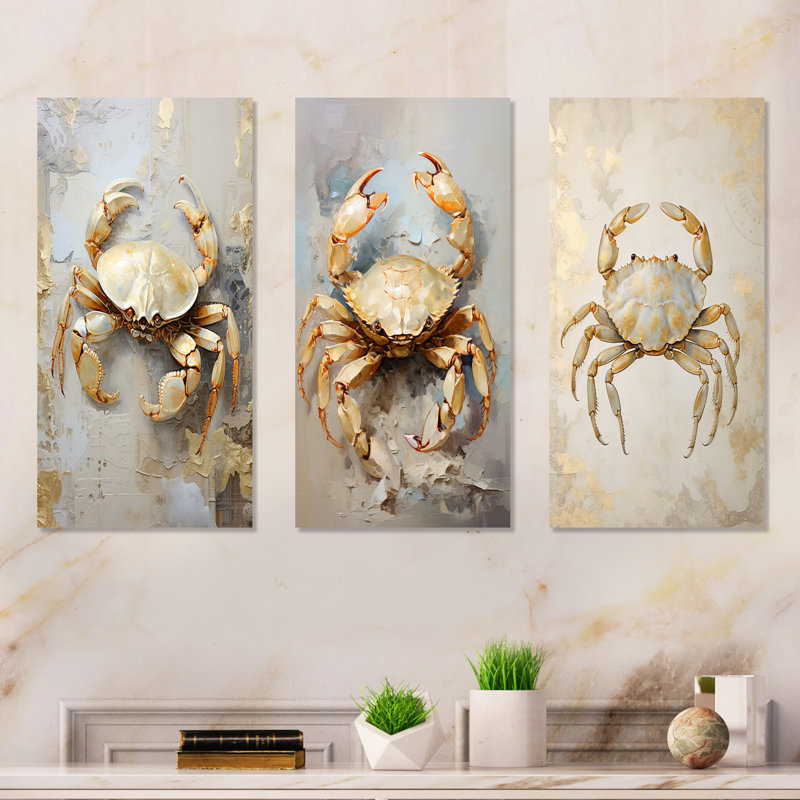 Minimalism Crab Painting - Crab Metal Wall Art Prints Set Of 3, 32" H x 48" W