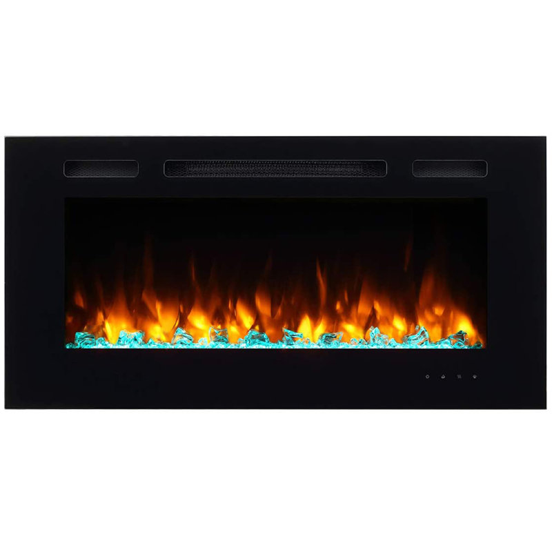 Puraflame Alice 40 Inches Recessed Electric Fireplace, Flush Mounted for 2 X 6 Stud, Log Set & Crystal, 1500W Heater, Black