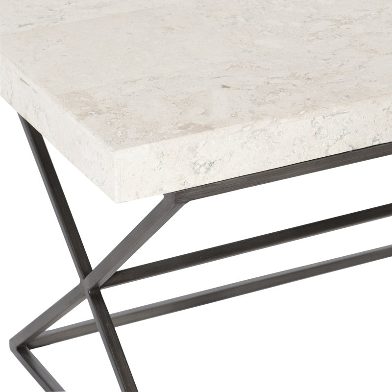 Travertine Stone Rectangular Coffee Table with Antique Bronze Metal Storage
