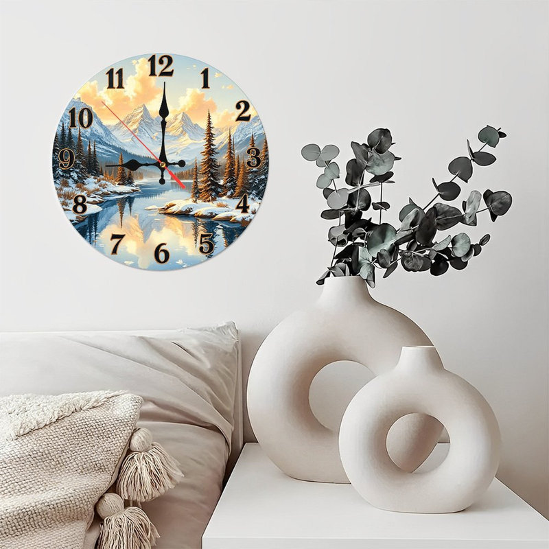Mountain Lake Sunset Wall Clock Winter Scene