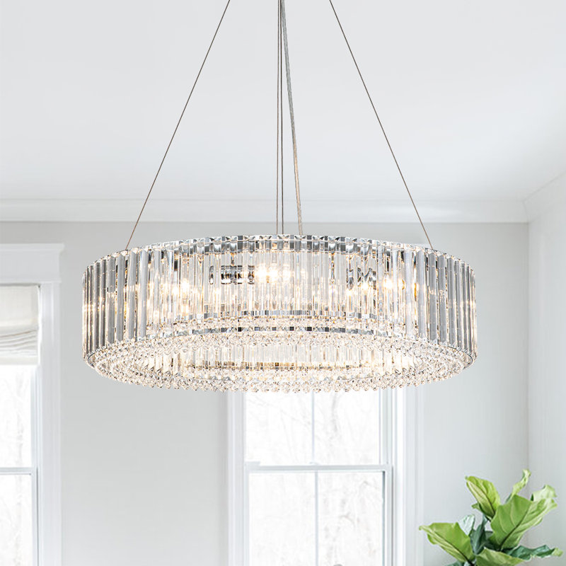 6- Light Modern Mid-Century Luxury Round Crystal Chandelier Chrome Drum Crystal Pendant Living Room, Chrome, 8