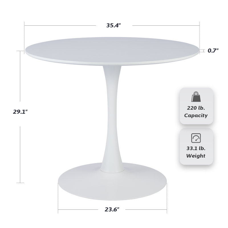 Table de salle à manger à piédestal, Blanc, H 29,1 po x L 35,4 po x l 35,4 po