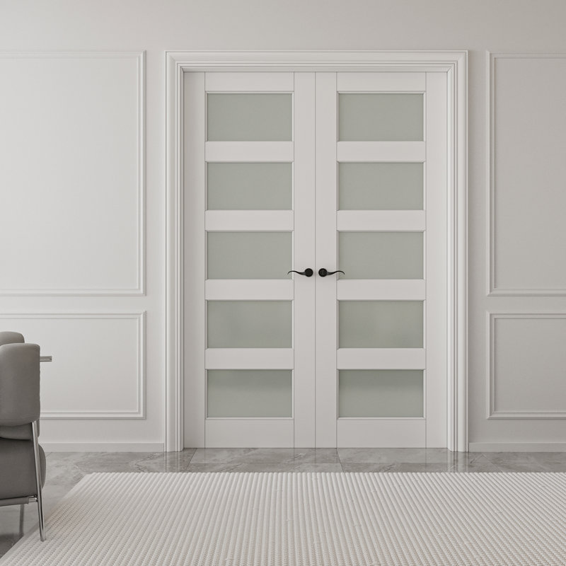 56 in. x 80 in. White Frosted Glass Solid Core MDF Double Prehung French Door