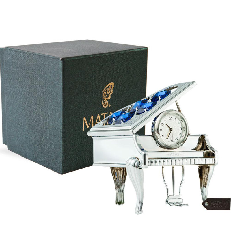 Silver Chrome Piano Desk Clock with Blue Crystals
