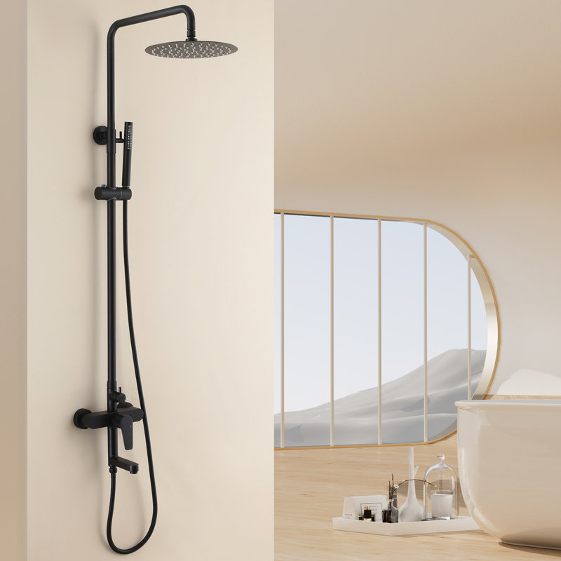 Exposed Wall Mount Shower Set, Rainfall Showerhead And Handheld, Matte Black